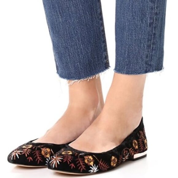 SAM EDELMAN "Farrow" Sz 7US/37EU Black Velvet Embroidered Ballet Flats - Picture 1 of 12